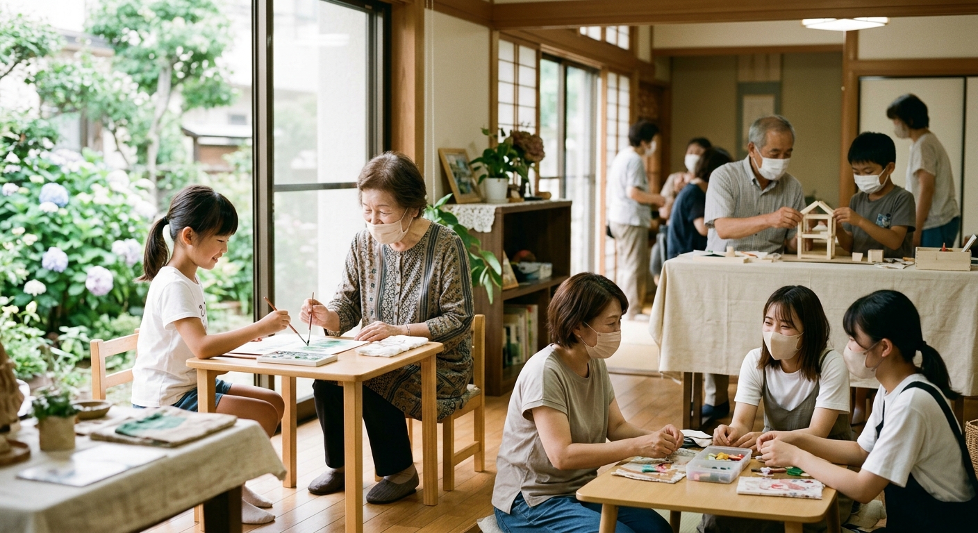 子どもから高齢者まで一緒に創作活動を楽しむ様子