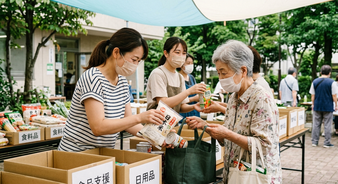 食品や日用品を地域の方へ手渡す様子