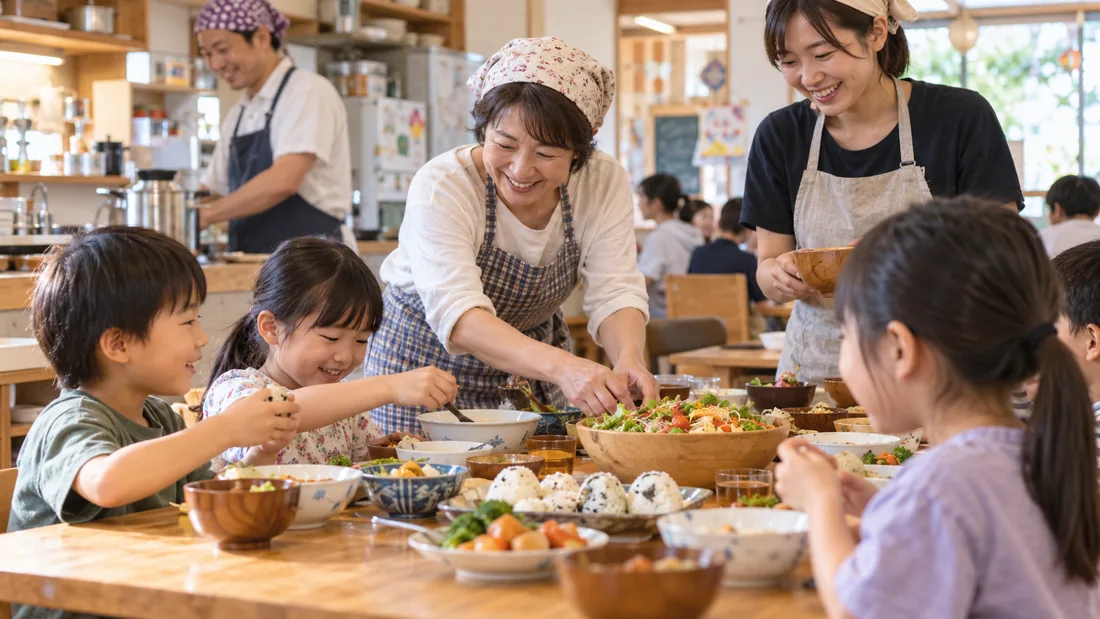 こどもたちと食事を囲むボランティア